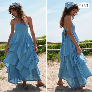 S Free People Blue Seraina Layered Maxi Dress